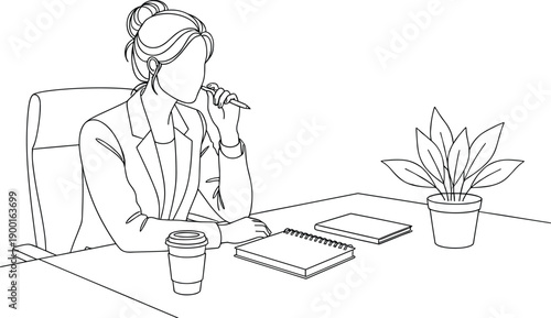 Thoughtful Businesswoman at Desk Line Art Illustration with Coffee Notebook Plant and Professional Office Workspace