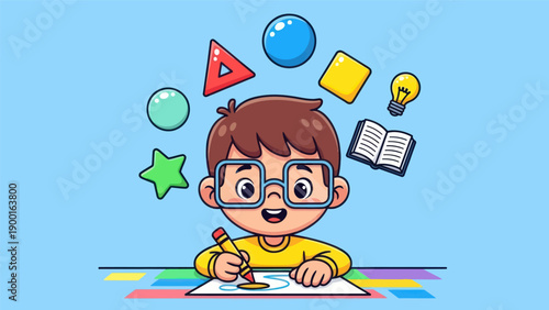 Young student drawing with shapes and ideas for education and creativity