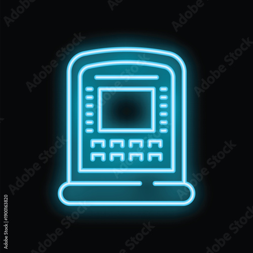 Blue glowing neon sign representing an atm for withdrawing money at night