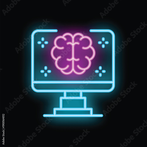 Neon sign of a computer screen displaying a glowing brain, symbolizing artificial intelligence and technological advancement