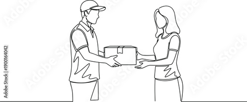 Delivery Service Concept Line Art Illustration with Courier Handing Package to Customer Doorstep Interaction