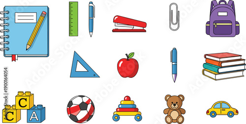 School Supplies and Kids Toys Flat Vector Icon Set with Books Backpack Stationery and Educational Objects