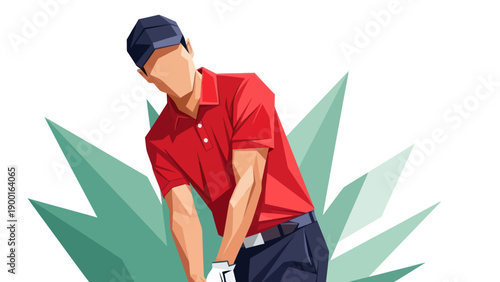 Abstract golf player in action against green geometric elements