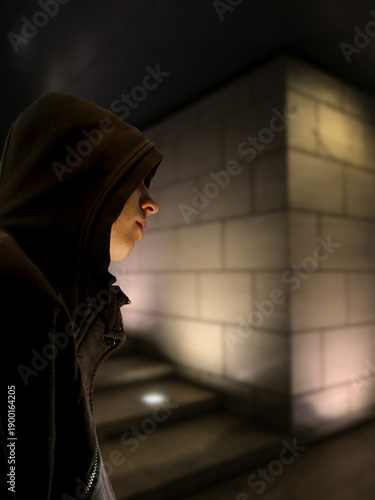 Sad troubled teenager boy wearing a hoodie posing outdoor in a city at night