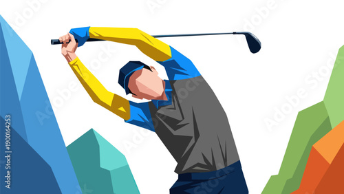 Abstract golfer swinging golf club on a white background with geometric forms