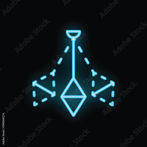 Glowing neon icon of a plumb bob hanging and pointing downwards, a tool used in construction and masonry