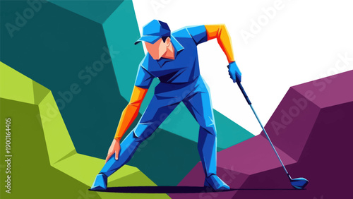Abstract golfer swinging golf club with geometric background illustration