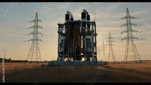 Electrical substation with power transmission towers in a field at sunset