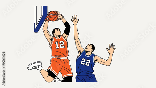 Basketball player dribbling and scoring a point cartoon style illustration