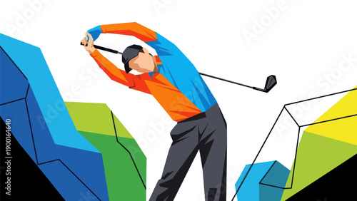 Abstract illustration of a golfer swinging a club against a colorful backdrop