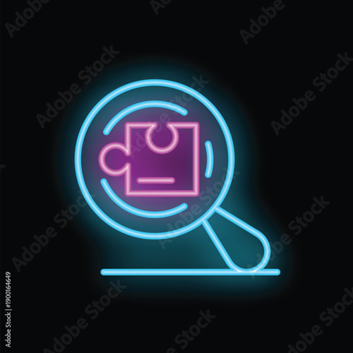 Vibrant neon icon depicting a magnifying glass focusing on a puzzle piece, symbolizing problem solving, analysis, and finding solutions