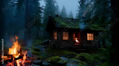 Cozy cabin in the woods with a fire burning outside at dusk