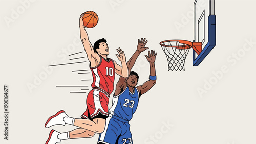Basketball player dribbling and scoring during a game illustration