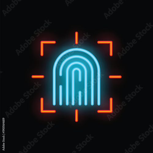 Blue neon fingerprint glowing inside red targeting lines, representing biometric scanning technology