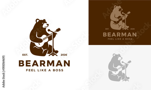 Bearman logo designs featuring a bear playing a guitar, showcasing various styles and color variations