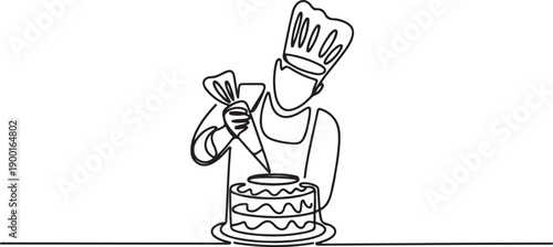 a pastry chef making a cake.one line Art icon drawing