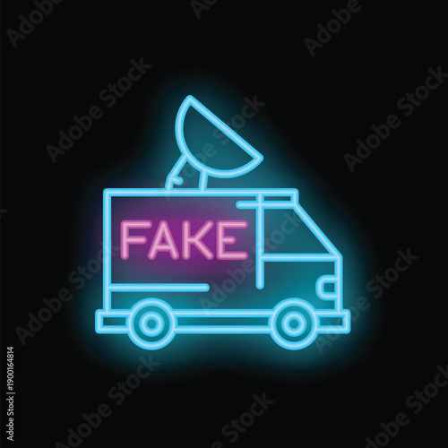 Neon sign of a van with a satellite dish spreading fake news with the word fake written on the side