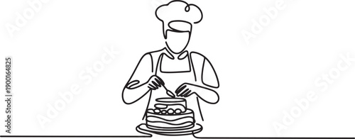 a pastry chef making a cake.one line Art icon drawing