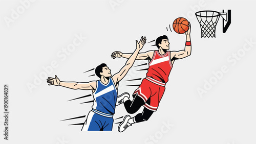 Basketball player dribbling and shooting action illustration isolated white