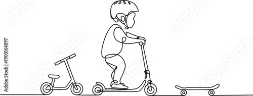 Boy in a protective helmet on a scooter with tricycle and skateboard set one line art.one line victor illustration in white Background