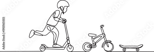 Boy in a protective helmet on a scooter with tricycle and skateboard set one line art.one line victor illustration in white Background