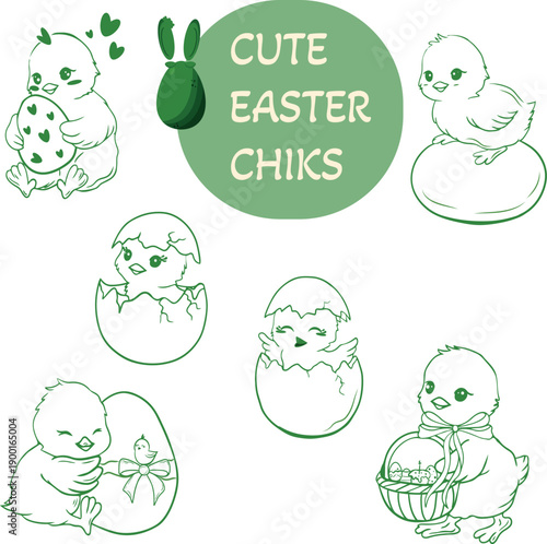 Cute Easter Chicks Line Art Set with Baby Birds and Eggs