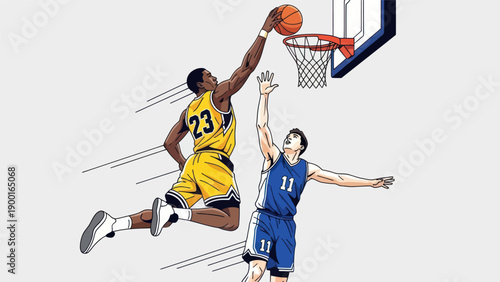 Basketball player dunking ball against opponent vector illustration