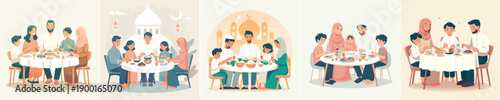Flat design illustration of a family having suhoor together, simple and minimal, white background