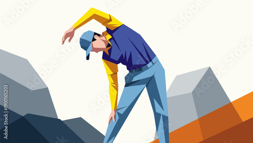 Abstract illustration of person stretching geometric composition copy space
