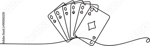 continuous line of playing cards.one line victor illustration in white Background