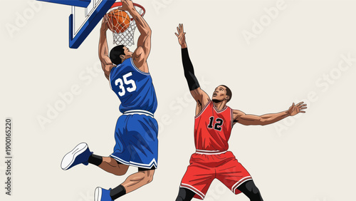 Basketball player dunking ball vector illustration against opponent in action