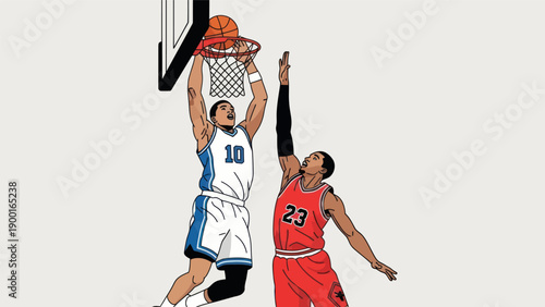 Basketball player dunking ball vector illustration against opponent
