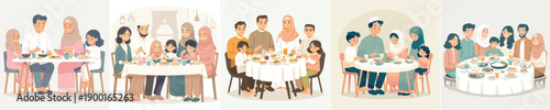 Minimal flat design illustration featuring a family having suhoor together on a white background.