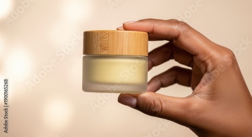Person holding small glass jar with wooden lid containing cream cosmetic product for skin care or makeup