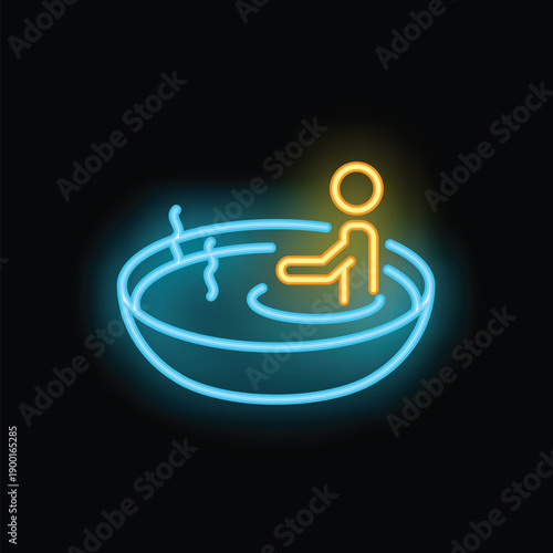 Neon sign of a man relaxing in a hot tub, representing relaxation, wellness, and leisure