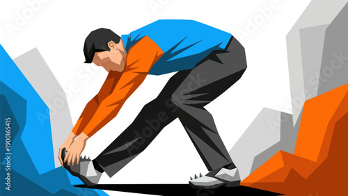 Athlete stretching legs with colorful geometric background vector illustration