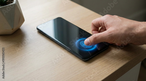 Side-Angle View of Finger Unlocking Smartphone with Soft Pulsating Biometric Glow