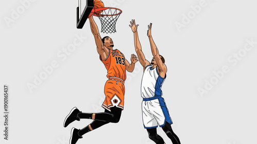 Basketball player dunking cartoon illustration against white background