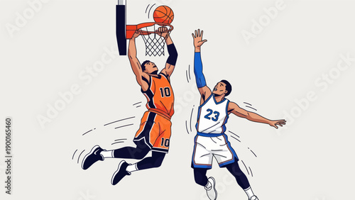 Basketball player dunks ball against defender illustration vector graphic