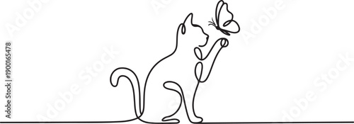 continuous one line drawing of cat with butterfly vector.one line Art icon drawing