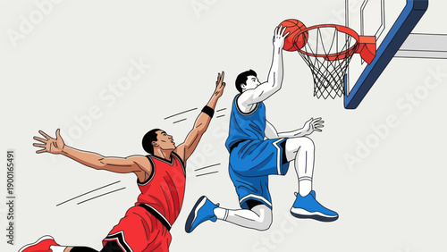 Basketball action illustrated player dunking the ball in vector style