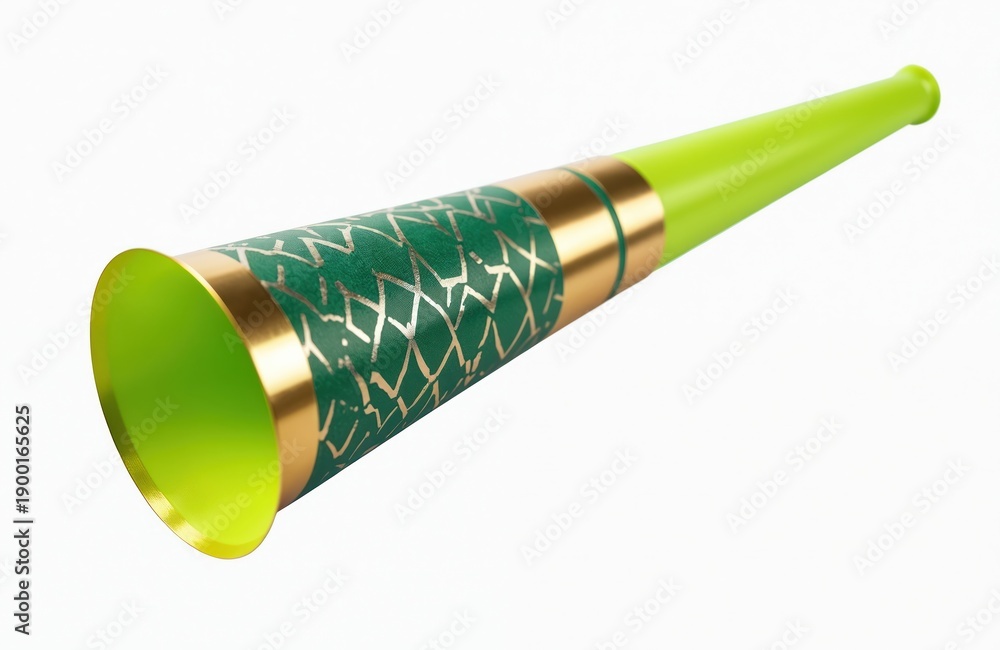 Fototapeta premium Party noisemaker blower, green with gold pattern, isolated on white. Horn for celebration, concert, birthday, event, noise, fun, party supplies, festive, New Year.