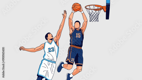 Basketball player jumping and shooting with opponent in graphic illustration