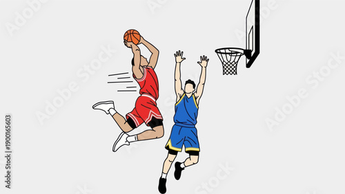 Basketball action player dribbling and jumping to shoot ball into basket