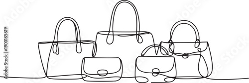 Continuous one single line drawing set of fashionable women's hand bags.one line victor illustration in white Background