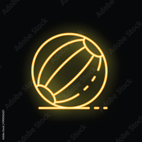 Bright yellow neon sign depicting a classic inflatable beach ball is glowing on a black background