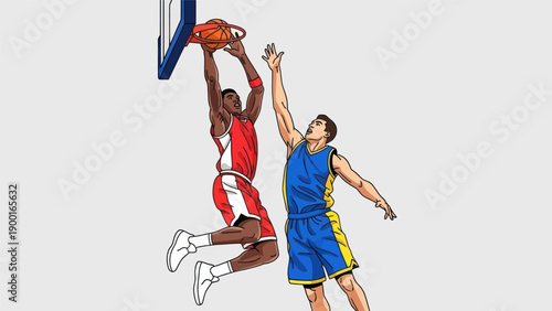 Basketball player jumping for a dunk action against an opponent vector illustration