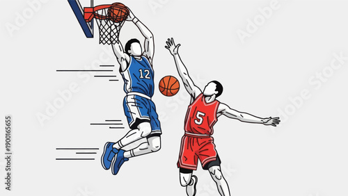 Basketball action player dunking and blocking in energetic vector illustration