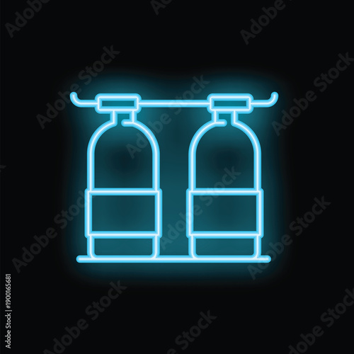 Glowing neon icon of two oxygen tanks hanging on wall, isolated on black background