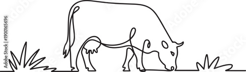 Cow eating grass one continuous line art, Vector illustration.one line Art icon drawing
